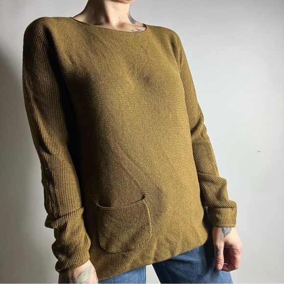 MANSTED Eco Cotton Horizontal Ribbed Knit Pocket Boatneck Ochre Sweater Small - Picture 2 of 9